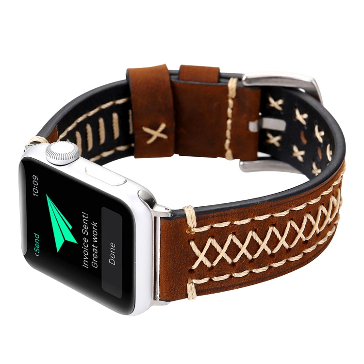 For Apple Watch Series 9&8&7 41mm / SE 3&SE 2&6&SE&5&4 40mm / 3&2&1 38mm Manual Line Pattern Genuine Leather Wrist Watch Band(Coffee) - Watch Bands by buy2fix | Online Shopping UK | buy2fix