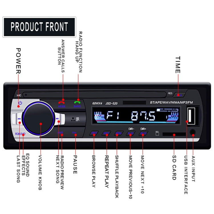 JSD-520 Car Stereo Radio MP3 Audio Player Support Bluetooth Hand-free Calling / FM / USB / SD, EU Plug Version - Car MP3 & MP4 & MP5 by buy2fix | Online Shopping UK | buy2fix