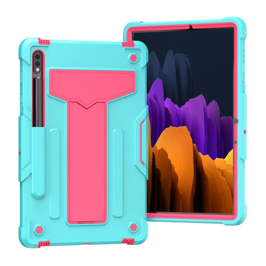 For Samsung Galaxy Tab S8 / Galaxy Tab S7 T870 / T875 T-shaped Bracket Contrast Color Shockproof PC + Silicone Protective Case(Mint Green+Rose Red) - Galaxy Tab S8 Cases by buy2fix | Online Shopping UK | buy2fix