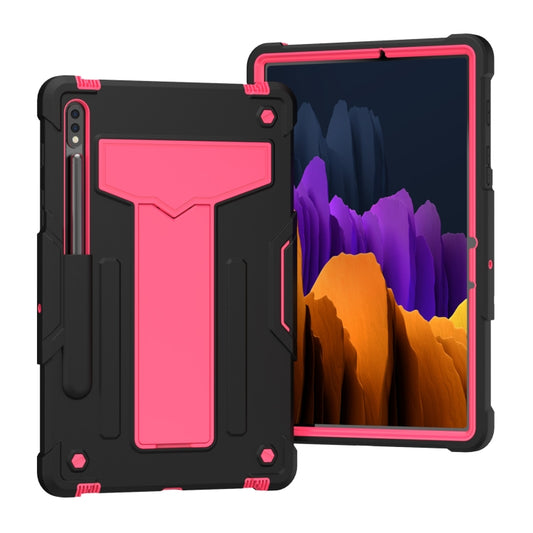 For Samsung Galaxy Tab S8 / Galaxy Tab S7 T870 / T875 T-shaped Bracket Contrast Color Shockproof PC + Silicone Protective Case(Black+Rose Red) - Galaxy Tab S8 Cases by buy2fix | Online Shopping UK | buy2fix