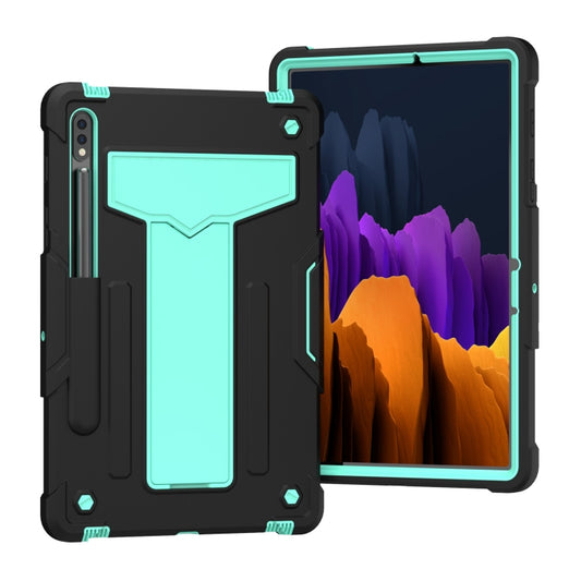 For Samsung Galaxy Tab S8 / Galaxy Tab S7 T870 / T875 T-shaped Bracket Contrast Color Shockproof PC + Silicone Protective Case(Black+Mint Geen) - Galaxy Tab S8 Cases by buy2fix | Online Shopping UK | buy2fix