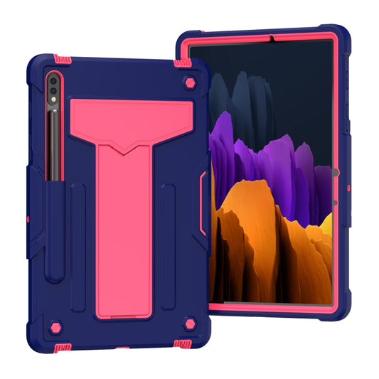 For Samsung Galaxy Tab S8 / Galaxy Tab S7 T870 / T875 T-shaped Bracket Contrast Color Shockproof PC + Silicone Protective Case(Navy+Rose Red) - Galaxy Tab S8 Cases by buy2fix | Online Shopping UK | buy2fix