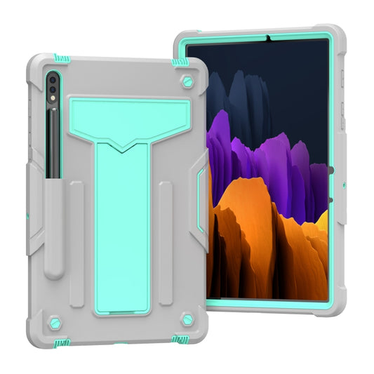 For Samsung Galaxy Tab S8 / Galaxy Tab S7 T870 / T875 T-shaped Bracket Contrast Color Shockproof PC + Silicone Protective Case(Grey+Mint Green) - Galaxy Tab S8 Cases by buy2fix | Online Shopping UK | buy2fix