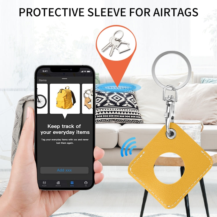 Square PU Leather Case Shockproof Anti-scratch Protective Cover with Keychain Ring Loop For AirTag(Yellow) - Key Chain Series by MOMAX | Online Shopping UK | buy2fix