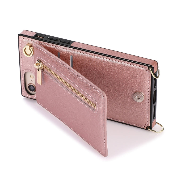 For iPhone SE 2022 / SE 2020 / 8 / 7 Cross-body Zipper Square TPU+PU Back Cover Case with Holder & Card Slots & Wallet & Strap(Rose Gold) - iPhone SE 2022 / 2020 / 8 / 7 Cases by buy2fix | Online Shopping UK | buy2fix