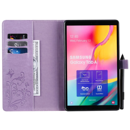 For Galaxy Tab A 10.1 (2019) Pressed Printing Butterfly Pattern Horizontal Flip PU Leather Case with Holder & Card Slots & Wallet & Pen Slot(Purple) - Tab A 10.1 (2019) T510 / T515 by buy2fix | Online Shopping UK | buy2fix