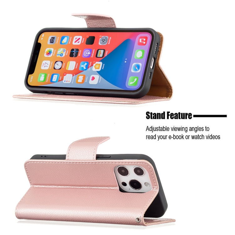 For iPhone 13 Litchi Texture Pure Color Horizontal Flip Leather Case with Holder & Card Slots & Wallet & Lanyard(Rose Gold) - iPhone 13 Cases by buy2fix | Online Shopping UK | buy2fix