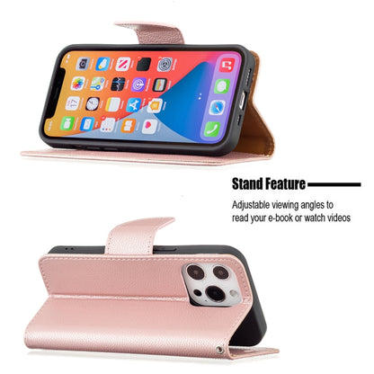 For iPhone 13 Pro Litchi Texture Pure Color Horizontal Flip Leather Case with Holder & Card Slots & Wallet & Lanyard (Rose Gold) - iPhone 13 Pro Cases by buy2fix | Online Shopping UK | buy2fix