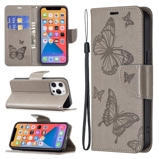 For iPhone 13 mini Embossing Two Butterflies Pattern Horizontal Flip PU Leather Case with Holder & Card Slot & Wallet & Lanyard (Grey) - iPhone 13 mini Cases by buy2fix | Online Shopping UK | buy2fix