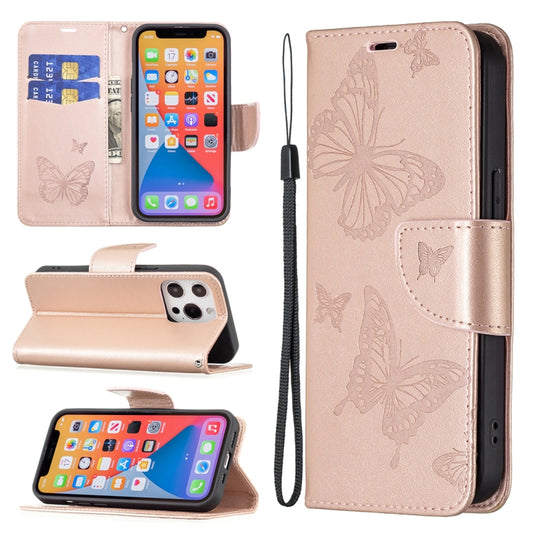 For iPhone 13 Embossing Two Butterflies Pattern Horizontal Flip PU Leather Case with Holder & Card Slot & Wallet & Lanyard(Rose Gold) - iPhone 13 Cases by buy2fix | Online Shopping UK | buy2fix