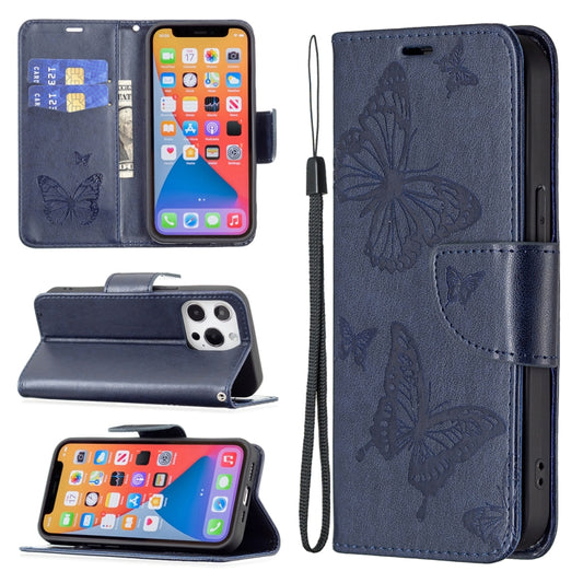 For iPhone 13 Pro Max Embossing Two Butterflies Pattern Horizontal Flip PU Leather Case with Holder & Card Slot & Wallet & Lanyard (Blue) - iPhone 13 Pro Max Cases by buy2fix | Online Shopping UK | buy2fix