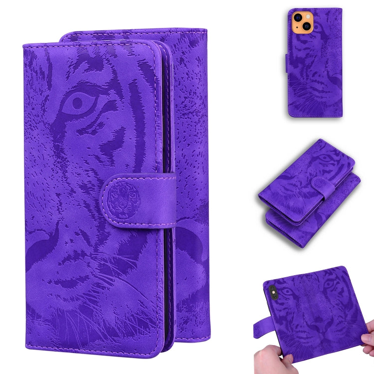 For iPhone 13 Tiger Embossing Pattern Horizontal Flip Leather Case with Holder & Card Slots & Wallet(Purple) - iPhone 13 Cases by buy2fix | Online Shopping UK | buy2fix