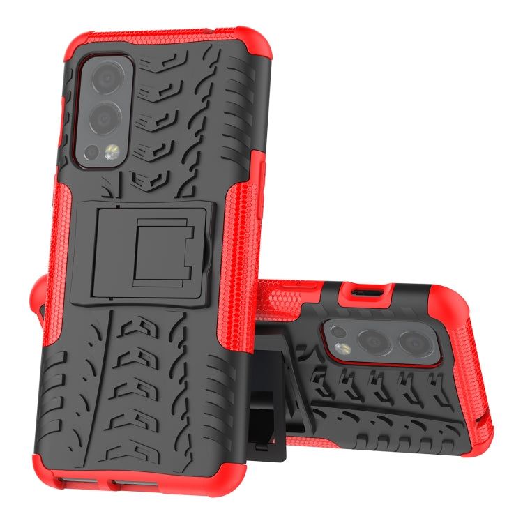 For OnePlus Nord 2 5G Tire Texture Shockproof TPU+PC Protective Case with Holder(Red) - OnePlus Cases by buy2fix | Online Shopping UK | buy2fix