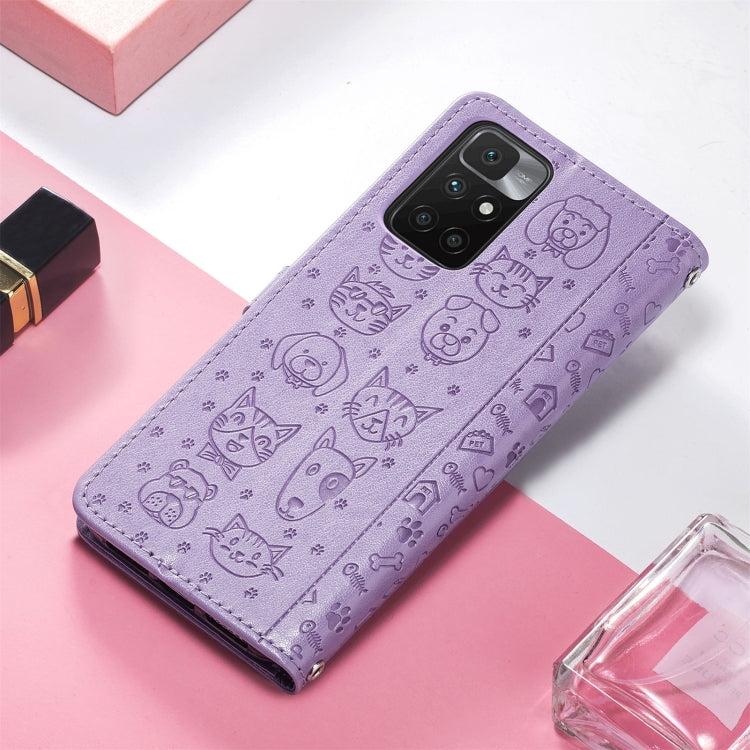 For Xiaomi Redmi 10 Lovely Cat and Dog Embossing Pattern Horizontal Flip Leather Case , with Holder & Card Slots & Wallet & Cartoon Clasp & Lanyard(Purple) - Xiaomi Cases by buy2fix | Online Shopping UK | buy2fix