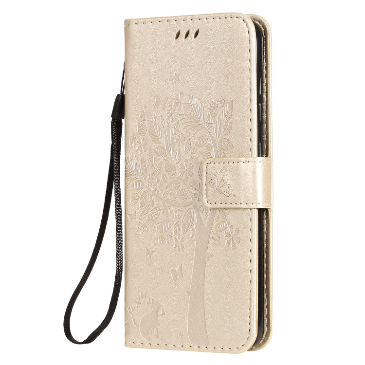 For Nokia 7.2 Tree & Cat Pattern Pressed Printing Horizontal Flip PU Leather Case with Holder & Card Slots & Wallet & Lanyard(Gold) - Nokia Cases by buy2fix | Online Shopping UK | buy2fix