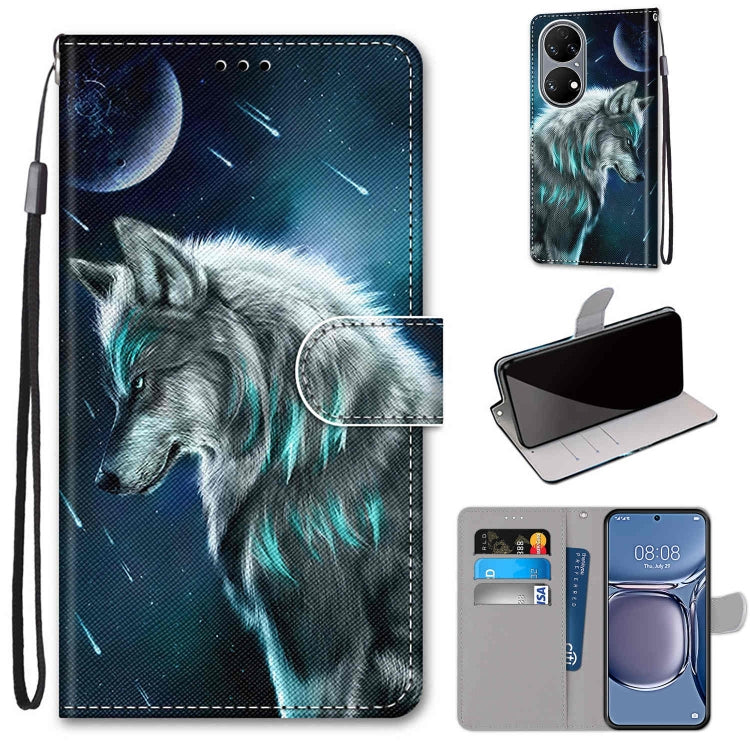 For Huawei P50 Coloured Drawing Cross Texture Horizontal Flip PU Leather Case with Holder & Card Slots & Wallet & Lanyard(Pensive Wolf) - Huawei Cases by buy2fix | Online Shopping UK | buy2fix