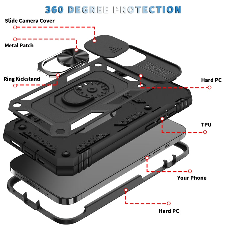 For iPhone 12 / 12 Pro Sliding Camera Cover Design TPU + PC Protective Case with 360 Degree Rotating Holder & Card Slot(Black+Black) - iPhone 12 / 12 Pro Cases by buy2fix | Online Shopping UK | buy2fix