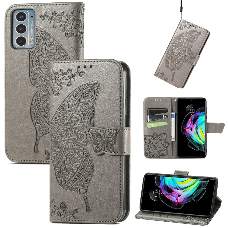 For Motorola Moto Edge 20 Butterfly Love Flower Embossed Horizontal Flip Leather Case with Holder & Card Slots & Wallet & Lanyard(Gray) - Motorola Cases by buy2fix | Online Shopping UK | buy2fix