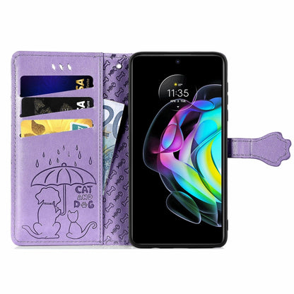 For Motorola Moto Edge 20 Lovely Cat and Dog Embossing Pattern Horizontal Flip Leather Case , with Holder & Card Slots & Wallet & Cartoon Clasp & Lanyard(Purple) - Motorola Cases by buy2fix | Online Shopping UK | buy2fix