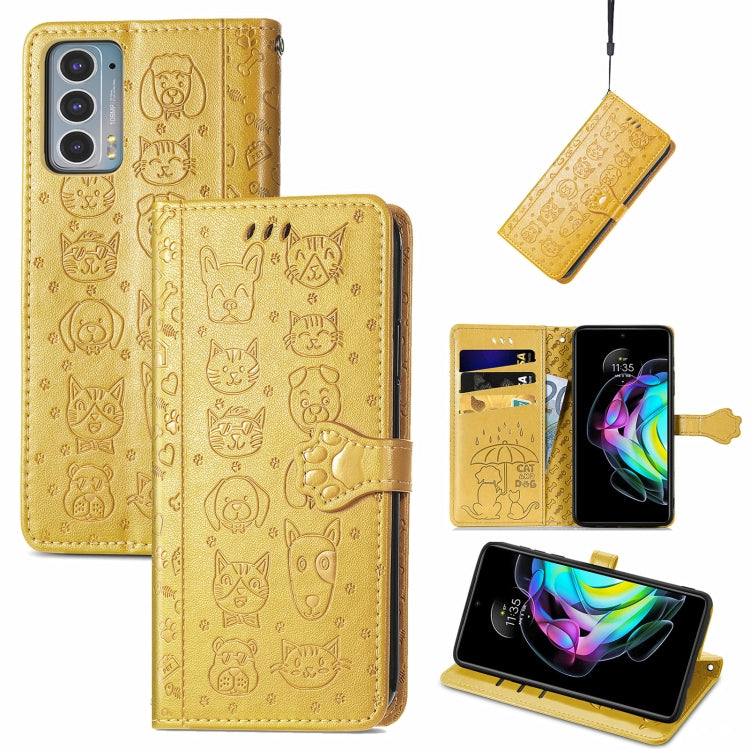 For Motorola Moto Edge 20 Lovely Cat and Dog Embossing Pattern Horizontal Flip Leather Case , with Holder & Card Slots & Wallet & Cartoon Clasp & Lanyard(Yellow) - Motorola Cases by buy2fix | Online Shopping UK | buy2fix