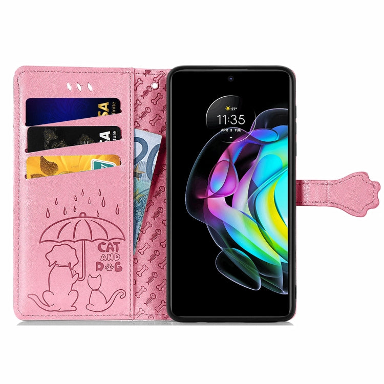 For Motorola Moto Edge 20 Lovely Cat and Dog Embossing Pattern Horizontal Flip Leather Case , with Holder & Card Slots & Wallet & Cartoon Clasp & Lanyard(Pink) - Motorola Cases by buy2fix | Online Shopping UK | buy2fix