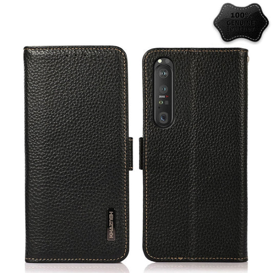 For Sony Xperia 1 III KHAZNEH Side-Magnetic Litchi Genuine Leather RFID Case(Black) - Sony Cases by buy2fix | Online Shopping UK | buy2fix