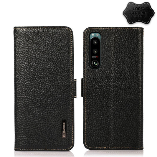 For Sony Xperia 5 III KHAZNEH Side-Magnetic Litchi Genuine Leather RFID Case(Black) - Sony Cases by buy2fix | Online Shopping UK | buy2fix