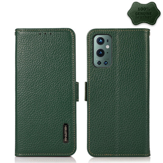 For OnePlus 9 Pro KHAZNEH Side-Magnetic Litchi Genuine Leather RFID Phone Case(Green) - OnePlus Cases by buy2fix | Online Shopping UK | buy2fix