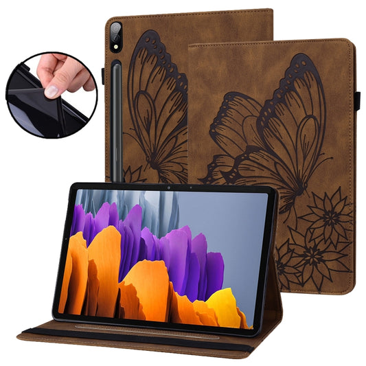 For Samsung Galaxy Tab S7 T870 Big Butterfly Embossed Leather Tablet Case(Brown) - Galaxy Tab S7 by buy2fix | Online Shopping UK | buy2fix