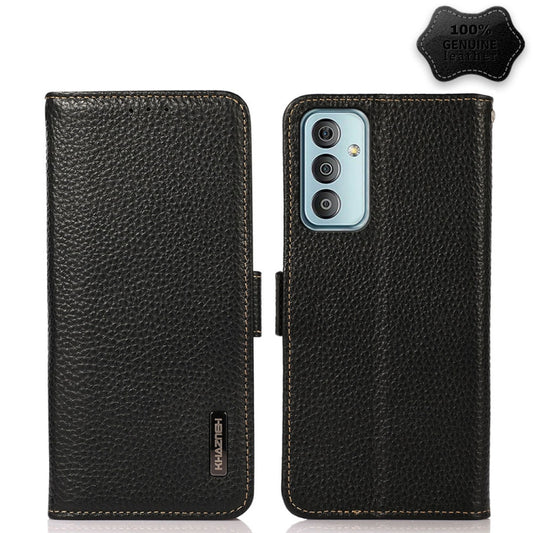 For Samsung Galaxy M13 4G KHAZNEH Side-Magnetic Litchi Genuine Leather RFID Phone Case(Black) - Galaxy Phone Cases by buy2fix | Online Shopping UK | buy2fix