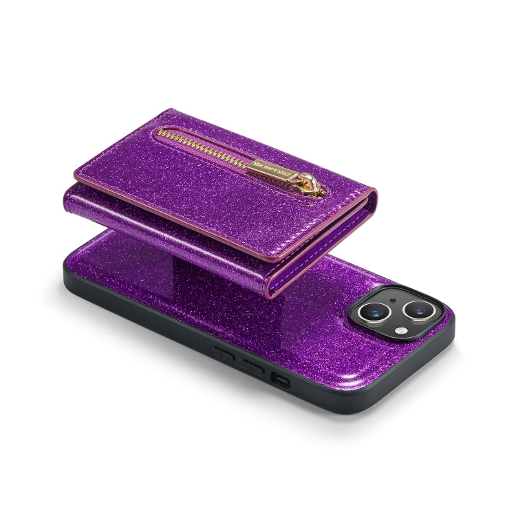 For iPhone 14 Plus DG.MING M3 Series Glitter Powder Card Bag Leather Case(Dark Purple) - iPhone 14 Plus Cases by DG.MING | Online Shopping UK | buy2fix