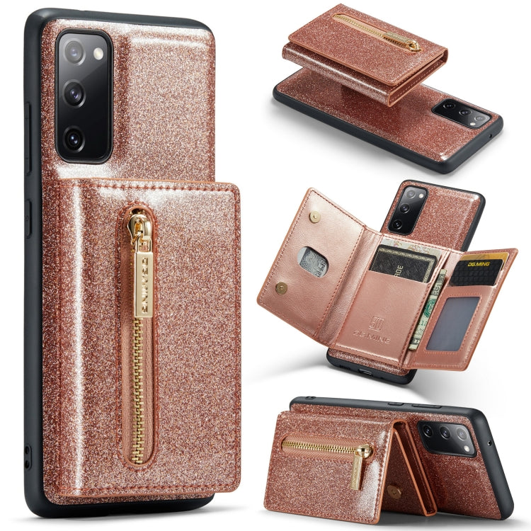 For Samsung Galaxy S20 FE DG.MING M3 Series Glitter Powder Card Bag Leather Case(Rose Gold) - Galaxy Phone Cases by DG.MING | Online Shopping UK | buy2fix