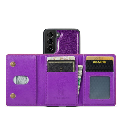 For Samsung Galaxy S21 5G DG.MING M3 Series Glitter Powder Card Bag Leather Case(Dark Purple) - Galaxy Phone Cases by DG.MING | Online Shopping UK | buy2fix