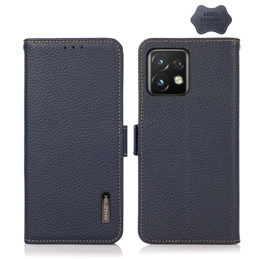 For Motorola Moto X40 Pro KHAZNEH Side-Magnetic Litchi Genuine Leather RFID Phone Case(Blue) - Motorola Cases by buy2fix | Online Shopping UK | buy2fix