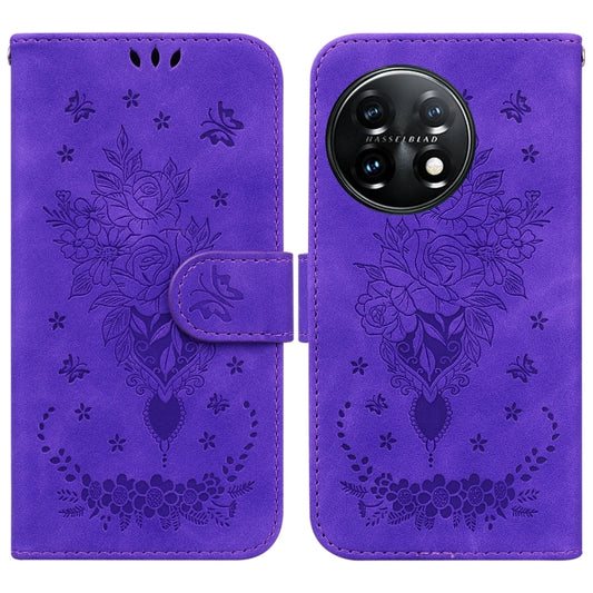 For OnePlus 11 Butterfly Rose Embossed Leather Phone Case(Purple) - OnePlus Cases by buy2fix | Online Shopping UK | buy2fix