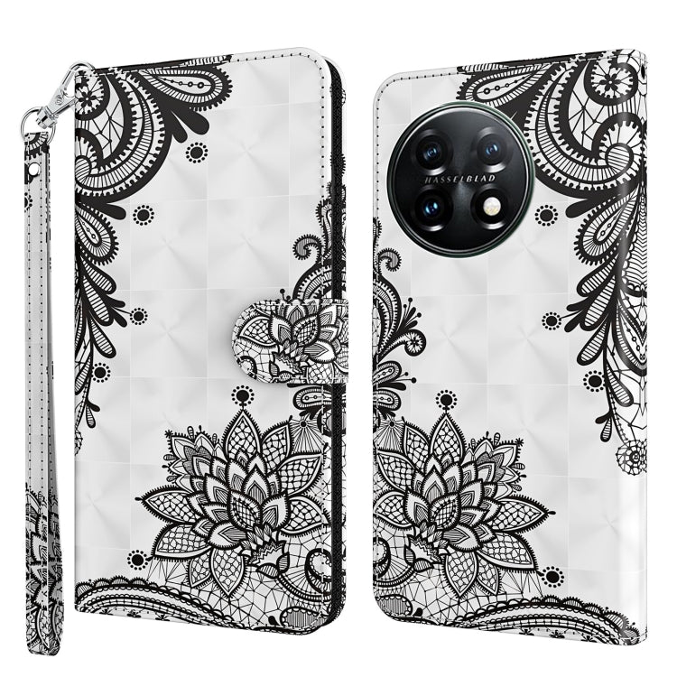 For OnePlus 11 3D Painting Pattern TPU + PU Leather Phone Case(Diagonal Black Flower) - OnePlus Cases by buy2fix | Online Shopping UK | buy2fix