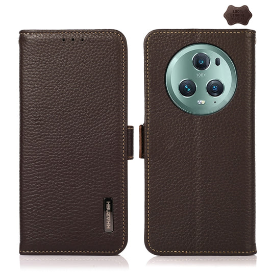 For Honor Magic5 Pro KHAZNEH Side-Magnetic Litchi Genuine Leather RFID Phone Case(Brown) - Honor Cases by buy2fix | Online Shopping UK | buy2fix