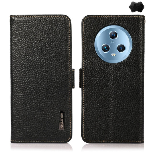 For Honor Magic5 KHAZNEH Side-Magnetic Litchi Genuine Leather RFID Phone Case(Black) - Honor Cases by buy2fix | Online Shopping UK | buy2fix