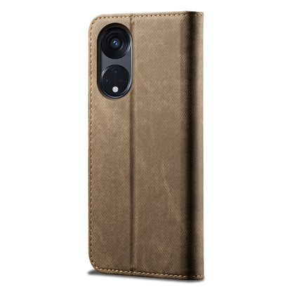 For OPPO A98 5G Denim Texture Casual Style Horizontal Flip Leather Case(Khaki) - OPPO Cases by buy2fix | Online Shopping UK | buy2fix