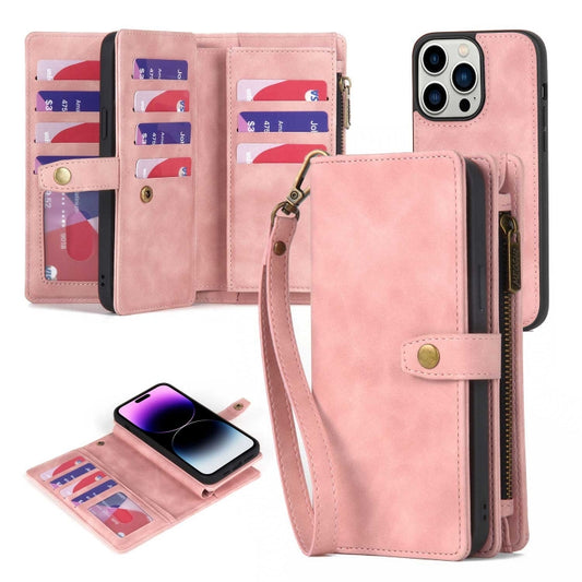 For iPhone 14 Pro Zipper Wallet Detachable MagSafe Leather Phone Case(Pink) - iPhone 14 Pro Cases by buy2fix | Online Shopping UK | buy2fix