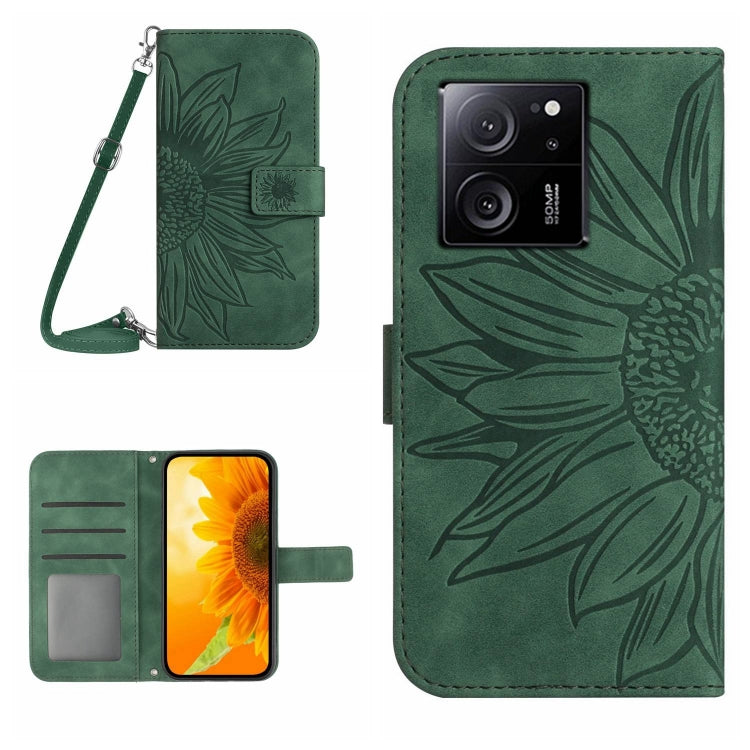 For Xiaomi 13T / 13T Pro Skin Feel Sun Flower Embossed Flip Leather Phone Case with Lanyard(Green) - Xiaomi Cases by buy2fix | Online Shopping UK | buy2fix