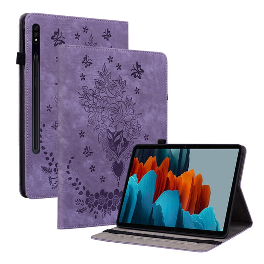 For Samsung Galaxy Tab S9 Butterfly Rose Embossed Leather Tablet Case(Purple) - Galaxy Tab S9 Cases by buy2fix | Online Shopping UK | buy2fix