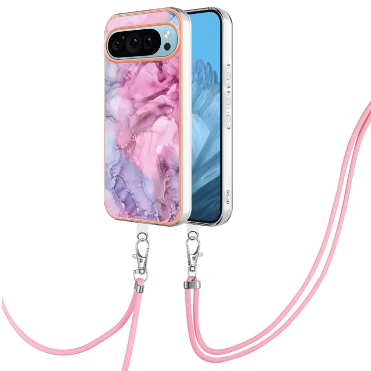 For Google Pixel 9 / 9 Pro Electroplating Marble Dual-side IMD Phone Case with Lanyard(Pink 013) - Google Cases by buy2fix | Online Shopping UK | buy2fix