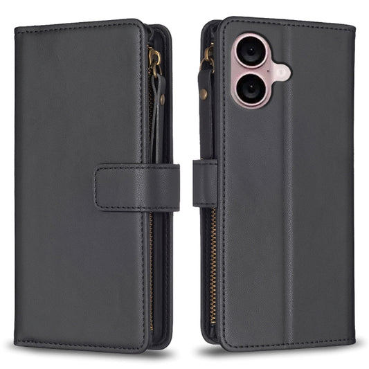 For iPhone 16 Plus 9 Card Slots Zipper Wallet Leather Flip Phone Case(Black) - iPhone 16 Plus Cases by buy2fix | Online Shopping UK | buy2fix