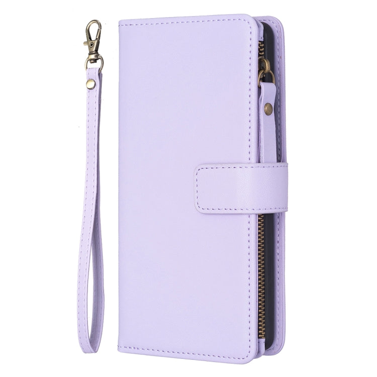 For iPhone 16 9 Card Slots Zipper Wallet Leather Flip Phone Case(Light Purple) - iPhone 16 Cases by buy2fix | Online Shopping UK | buy2fix