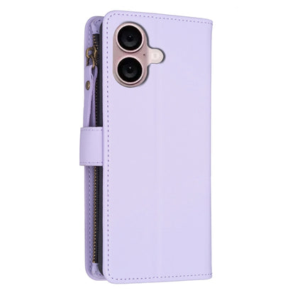 For iPhone 16 9 Card Slots Zipper Wallet Leather Flip Phone Case(Light Purple) - iPhone 16 Cases by buy2fix | Online Shopping UK | buy2fix