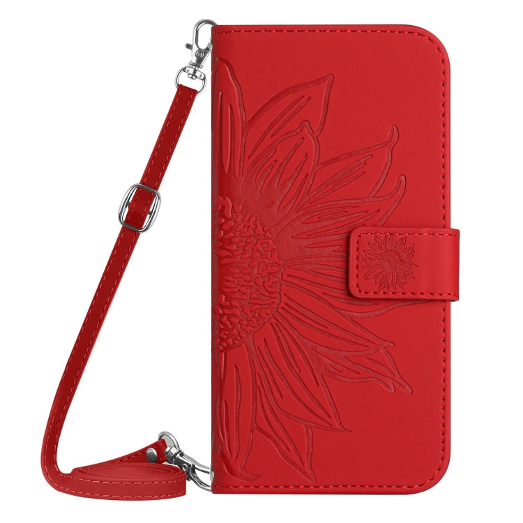 For iPhone SE 2024 Skin Feel Sun Flower Embossed Flip Leather Phone Case with Lanyard(Red) - More iPhone Cases by buy2fix | Online Shopping UK | buy2fix