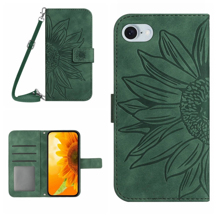 For iPhone SE 2024 Skin Feel Sun Flower Embossed Flip Leather Phone Case with Lanyard(Green) - More iPhone Cases by buy2fix | Online Shopping UK | buy2fix