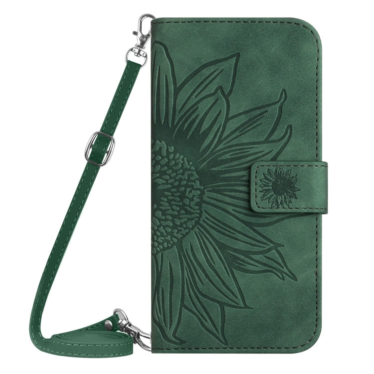 For iPhone 16 Pro Skin Feel Sun Flower Embossed Flip Leather Phone Case with Lanyard(Green) - iPhone 16 Pro Cases by buy2fix | Online Shopping UK | buy2fix