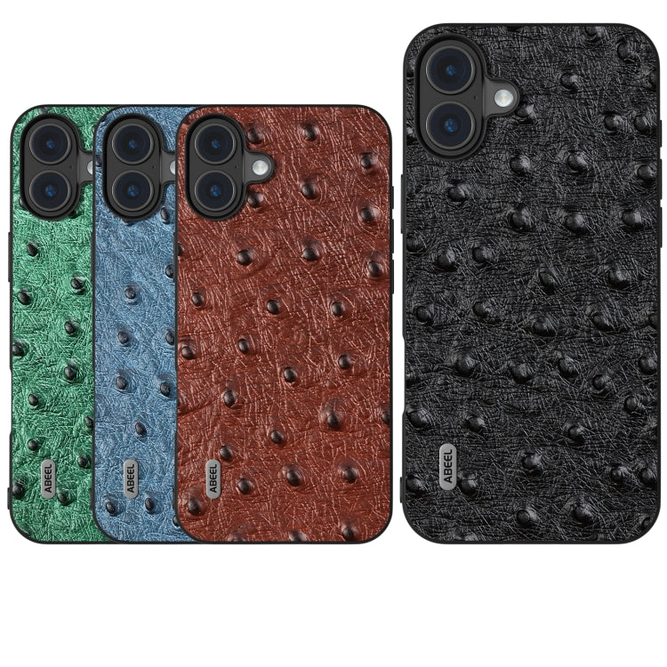 For iPhone 16 ABEEL Genuine Leather Ostrich Texture Phone Case(Blue) - iPhone 16 Cases by buy2fix | Online Shopping UK | buy2fix